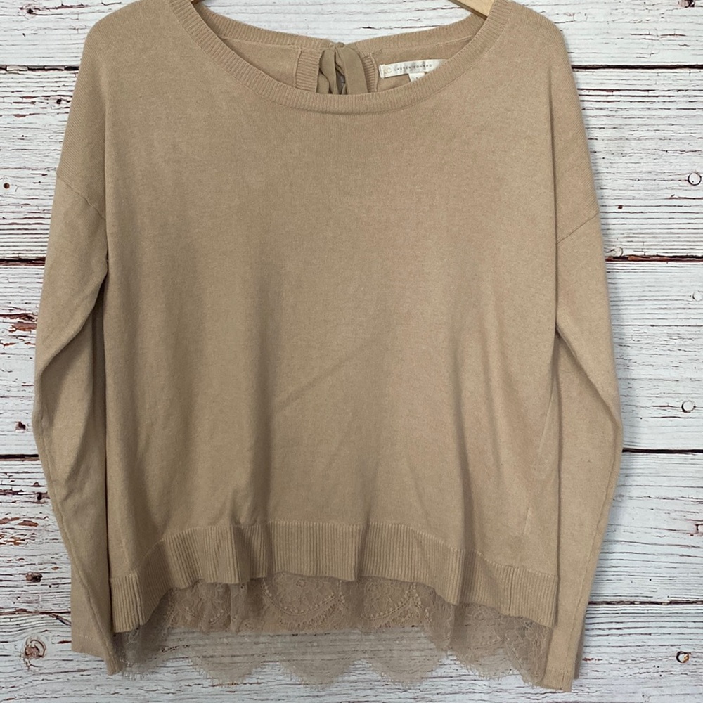 Womens Lauren Conrad Tan Sweater with lace trim ties at neck Large